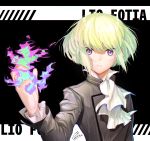  1boy androgynous artist_request black_gloves black_jacket blonde_hair cravat earrings fire gloves green_hair half_gloves jacket jewelry lio_fotia looking_at_viewer male_focus promare solo 