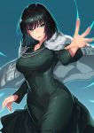  1girl bangs black_dress black_hair breasts closed_mouth covered_navel cowboy_shot dress fubuki_(one-punch_man) fur_coat green_dress green_eyes highres jacket jacket_on_shoulders jewelry kagematsuri large_breasts long_sleeves looking_at_viewer necklace one-punch_man outstretched_arm parted_lips short_hair simple_background solo standing telekinesis twitter_username 
