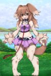  1girl alina_pegova animal_ears bare_shoulders belt blush breasts brown_eyes brown_hair clouds collar commission day dog_collar dog_ears dog_girl dog_paws dog_tail fang full_body fur grass hair_between_eyes happy heart horizon kobold_(monster_girl_encyclopedia) lake landscape long_hair looking_at_viewer midriff monster_girl monster_girl_encyclopedia navel open_mouth paws pet purple_skirt purple_tank_top skirt sky small_breasts smile solo standing tail tank_top 
