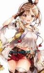  1girl atelier_(series) atelier_ryza belt blush breasts brown_eyes brown_hair hair_ornament hairclip hat highres jewelry looking_at_viewer necklace open_mouth red_shorts reisalin_stout short_shorts shorts smile solo thigh-highs thighs weri 