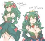  1girl absurdres animal_ears boogerkim breasts dress green_hair highres medium_breasts personification pokemon red_eyes venusaur 