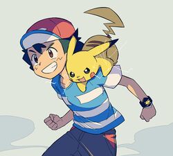  1boy ame_(ame025) ash_ketchum bangs baseball_cap blue_shirt bracelet brown_eyes clenched_hands collarbone electricity gen_1_pokemon grin hat jewelry male_focus on_shoulder pants pikachu pokemon pokemon_(anime) pokemon_(creature) pokemon_on_shoulder pokemon_sm_(anime) shirt short_hair short_sleeves smile striped striped_shirt t-shirt teeth z-ring 