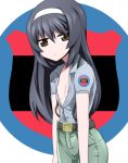  1girl :o adapted_costume aoshidan_(emblem) aoshidan_school_uniform bangs belt belt_buckle black_belt black_hair blue_shirt brown_eyes buckle cowboy_shot dress_shirt flat_chest girls_und_panzer green_pants hairband half-closed_eyes leaning_forward long_hair looking_at_viewer pants parted_lips reizei_mako saitou_gabio school_uniform shirt short_sleeves slouching solo standing suspenders unbuttoned unbuttoned_shirt white_hairband 