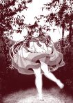  0-den 1girl :d absurdres animal_ears bamboo barefoot brooch commentary_request dress fang full_body highres imaizumi_kagerou jewelry long_hair long_sleeves monochrome moon neckerchief open_mouth skirt_hold smile tail touhou wolf_ears wolf_tail 