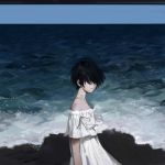 1girl androgynous bangs beach black_hair closed_mouth day dress freng hair_over_eyes ocean off_shoulder original outdoors pale_skin short_hair sky solo water waves white_dress 