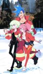  1girl 2boys aina_ardebit blonde_hair blue_hair earrings galo_thymos holding_hands ice_skating jacket jewelry josei_(artist) lio_fotia midriff multiple_boys open_mouth outdoors pants pink_hair promare shorts side_ponytail skating smile thigh-highs violet_eyes 