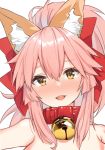  1girl animal_ear_fluff animal_ears bell bell_collar blush collar commentary commentary_request eyebrows_visible_through_hair fangs fate/grand_order fate_(series) fox_ears fox_girl hair_ribbon jingle_bell long_hair open_mouth pink_hair ponytail red_ribbon ribbon simple_background solo tamamo_(fate)_(all) tamamo_cat_(fate) upper_body white_background yamamura_umi yellow_eyes 