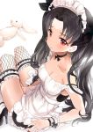  1girl alternate_costume between_legs black_hair blush bow choker collarbone commentary doll earrings enmaided fate/grand_order fate_(series) fishnet_legwear fishnets frills hair_bow hand_between_legs high_heels highres ishtar_(fate/grand_order) jewelry looking_back maid maid_headdress nail_polish off_shoulder pout rabbit red_eyes saya_(mychristian2) sitting thigh-highs twintails zettai_ryouiki 