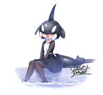 1girl :d bangs belt black_dress black_hair black_legwear blowhole commentary_request covered_eyes dated dolphin_tail dress frilled_dress frills full_body hair_over_eyes head_fins kemono_friends long_sleeves multicolored_hair open_mouth orca_(kemono_friends) pantyhose short_hair signature sitting smile solo tail two-tone_hair water white_background white_hair yoshida_hideyuki