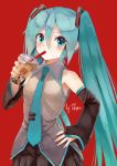  aqua_eyes aqua_hair aqua_neckwear bare_shoulders black_skirt bubble_tea commentary cowboy_shot cup detached_sleeves disposable_cup drinking drinking_straw drinking_straw_in_mouth hair_ornament hand_on_hip hatsune_miku highres holding holding_cup long_hair necktie shirt signature skirt sleeveless sleeveless_shirt takepon1123 twintails v-shaped_eyebrows very_long_hair vocaloid 