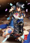  1girl black_hair bloodstained:_ritual_of_the_night blue_eyes breasts brown_hair detached_sleeves eduardo_j._perez_m. gauntlets gradient_hair hair_between_eyes hair_ornament highres horns looking_at_viewer miriam_(bloodstained) multicolored_hair pale_skin short_hair solo stained_glass tattoo 