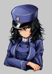  1girl absurdres andou_(girls_und_panzer) bangs bc_freedom_(emblem) bc_freedom_military_uniform black_hair blue_headwear blue_jacket blue_vest brown_eyes closed_mouth commentary crossed_arms dark_skin dress_shirt emblem girls_und_panzer grey_background half-closed_eyes harino646 hat high_collar highres jacket long_sleeves looking_at_viewer medium_hair messy_hair military military_hat military_uniform shako_cap shirt simple_background smile solo uniform upper_body vest white_shirt 