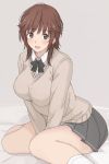  1girl :d amagami beige_background between_legs black_skirt blush bow bowtie breasts brown_eyes brown_hair cardigan commentary_request eyebrows_visible_through_hair hand_between_legs kibito_high_school_uniform large_breasts long_sleeves looking_at_viewer mobu open_mouth pleated_skirt sakurai_rihoko school_uniform shirt short_hair simple_background sitting skirt smile socks solo wariza white_legwear white_shirt 