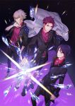  3boys blonde_hair boots brown_hair earrings hair_between_eyes highres idol_clothes jacket jacket_removed jewelry kousaka_ango looking_at_viewer male_focus multiple_boys munakata_touya necklace official_art purple_hair readyyy! red_shirt ring shirt usui_chihiro 