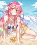  1girl absurdres angel_wings arm_support beach bikini breasts closed_mouth commentary day feathered_wings gradient_hair highres jibril_(no_game_no_life) kanniepan large_breasts long_hair looking_at_viewer low_wings multicolored_hair no_game_no_life ocean pink_hair purple_bikini sarong sitting smile solo swimsuit tattoo very_long_hair water white_wings wing_ears wings yellow_eyes 