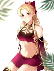  1girl absurdres alternate_costume alternate_hairstyle bikini bikini_skirt blonde_hair blush breasts earrings ereshkigal_(fate/grand_order) fate/grand_order fate_(series) head_tilt highres hoop_earrings jewelry kawasakigrace leaf light_smile long_hair looking_at_viewer midriff navel ponytail red_bikini red_eyes single_thighhigh sitting skull small_breasts solo spine swimsuit thigh-highs 