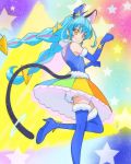  1girl animal_ear_fluff animal_ears blue_gloves blue_hair blue_headwear blue_legwear cat_ears cat_tail closed_mouth cure_cosmo elbow_gloves gloves haruyama_kazunori hat long_hair looking_at_viewer magical_girl mini_hat multicolored multicolored_clothes multicolored_skirt orange_eyes precure skirt smile solo standing standing_on_one_leg star star_twinkle_precure starry_background tail thigh-highs twintails yuni_(precure) 