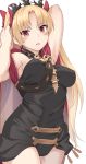  1girl arm_up bangs between_breasts black_dress black_leotard blonde_hair blush bone bow breasts buckle cape commentary_request cowboy_shot dress earrings ereshkigal_(fate/grand_order) eyebrows_visible_through_hair fate/grand_order fate_(series) gold_trim hair_bow hair_ornament hair_ribbon hand_in_hair hand_up headpiece hoop_earrings jewelry leotard long_hair medium_breasts necklace open_mouth parted_bangs red_cape red_eyes red_ribbon ribbon shiseki_hirame skull solo spine standing strap strap_between_breasts tiara two_side_up very_long_hair 
