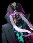  1boy absurdres asclepius_(fate/grand_order) bangs black_jacket eyebrows_behind_hair fate/grand_order fate_(series) green_eyes hair_between_eyes highres hood hood_up hooded_jacket hoodie jacket long_hair long_sleeves looking_at_viewer marehuno_17 mask silver_hair simple_background solo upper_body 