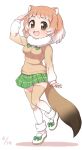  1girl :d animal_ears black-tailed_prairie_dog_(kemono_friends) bow_footwear brown_eyes dated eyebrows_visible_through_hair full_body fur_collar gradient gradient_hair gradient_legwear green_skirt hand_up highres kemono_friends light_brown_hair long_sleeves looking_at_viewer medium_hair multicolored multicolored_clothes multicolored_hair multicolored_legwear open_mouth plaid plaid_skirt pleated_skirt prairie_dog_ears prairie_dog_tail ransusan salute shoes simple_background skirt smile solo tail thigh-highs white_background white_hair zettai_ryouiki 