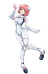  1girl absurdres aries_spring blush bodysuit breasts full_body green_eyes heterochromia highres kanata_no_astra looking_at_viewer open_mouth pink_hair short_hair shoukin500 skin_tight smile solo spacesuit white_background yellow_eyes 