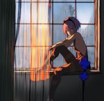  1girl black_hairband commentary_request curtains dark_skin fate/grand_order fate_(series) fingerless_gloves flower gloves hair_between_eyes hairband hassan_of_serenity_(fate) knee_up leggings looking_at_viewer purple_hair saitou_masatsugu short_hair sidelighting sitting solo violet_eyes window windowsill 