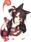  1girl akagi-chan_(azur_lane) animal_ears azur_lane bell between_fingers brown_hair brown_legwear collarbone commentary_request fox_ears grin hair_bell hair_ornament hair_ribbon hairclip head_tilt highres holding japanese_clothes jingle_bell kimono long_sleeves looking_at_viewer olive_(laai) open_clothes pleated_skirt red_ribbon red_skirt ribbon short_twintails sidelocks simple_background skirt smile solo strapless thigh-highs twintails white_background white_kimono wide_sleeves 
