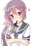  1girl :3 akebono_(kantai_collection) blush bubble_tea_challenge commentary_request drinking_straw flower hair_flower hair_ornament heart highres kantai_collection long_hair looking_at_viewer neck_ribbon purple_hair rabbit ribbon sailor_collar school_uniform serafuku side_ponytail simple_background upper_body very_long_hair violet_eyes white_background yuuzaki 