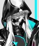  1boy asclepius_(fate/grand_order) au_(d_elite) bangs black_jacket eyebrows_behind_hair fate/grand_order fate_(series) green_eyes hair_between_eyes hood hood_up hooded_jacket hoodie jacket long_hair looking_at_viewer male_focus mask simple_background sleeves_past_fingers sleeves_past_wrists solo standing upper_body 