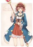  1girl :d atelier_(series) atelier_sophie bangs blue_coat blush brown_background brown_eyes brown_hair character_name coat collarbone commentary_request cropped_legs eyebrows_visible_through_hair fang frilled_skirt frills highres holding holding_staff long_sleeves looking_at_viewer open_clothes open_coat open_mouth orb pleated_skirt red_skirt sekira_ame shirt skirt smile solo sophie_neuenmuller staff two-tone_background underbust white_background white_shirt wide_sleeves 