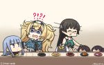  !? 5girls akagi_(kantai_collection) beret black_gloves black_hair blonde_hair blue_eyes blue_hair blue_shirt breast_pocket breasts check_commentary choukai_(kantai_collection) collared_shirt commentary_request conveyor_belt conveyor_belt_sushi dated disembodied_head food gambier_bay_(kantai_collection) glasses gloves hair_ornament hairband hamu_koutarou hat hat_removed hatsukaze_(kantai_collection) headgear headless headwear_removed highres hime_cut kaga_(kantai_collection) kantai_collection large_breasts long_hair megahiyo_(style) midriff multiple_girls parody pocket remodel_(kantai_collection) rimless_eyewear shaded_face shirt sparkle style_parody sushi sweat translated twintails 