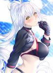  1girl akapug621 bikini black_bikini black_choker black_gloves black_jacket blush choker commentary_request cropped_jacket fate/grand_order fate_(series) gloves jacket jeanne_d&#039;arc_(alter_swimsuit_berserker) jeanne_d&#039;arc_(fate)_(all) long_hair looking_at_viewer looking_to_the_side ponytail shrug_(clothing) silver_hair solo sweatdrop swimsuit very_long_hair yellow_eyes 