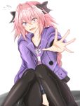  1boy astolfo_(fate) bangs black_bow black_legwear black_skirt blush bow braid casual collarbone commentary_request drawstring eyebrows_visible_through_hair fang fate/apocrypha fate_(series) feet_out_of_frame flying_sweatdrops hair_between_eyes hair_bow hair_intakes highres hood hooded_jacket jacket knees_up long_braid long_hair long_sleeves looking_at_viewer male_focus miniskirt open_clothes open_jacket open_mouth otoko_no_ko pantyhose pink_hair piro_(iiiiiiiiii) pom_pom_(clothes) purple_jacket purple_shirt shirt sidelocks simple_background sitting skin_fang skirt skirt_tug striped striped_shirt sweat thighs violet_eyes white_background white_shirt 