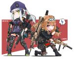  2girls assault_rifle bangs beret black_legwear black_skirt blunt_bangs brown_eyes brown_hair character_name dual_wielding eyebrows_visible_through_hair facial_mark fatkewell fingerless_gloves girls_frontline gloves goggles goggles_on_head green_eyes gun h&amp;k_hk416 h&amp;k_ump h&amp;k_ump9 hat hk416_(girls_frontline) holding holding_gun holding_weapon knee_pads kneeling long_hair looking_at_viewer multiple_girls one_eye_closed open_mouth pantyhose pleated_skirt ponytail rifle silver_hair simple_background skirt standing submachine_gun teardrop thigh-highs twintails ump9_(girls_frontline) weapon 