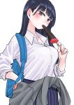  1girl bag bangs black_hair blunt_bangs blush breasts chocolate clothes_around_waist collared_shirt food half-closed_eyes hand_on_hip highres large_breasts long_hair long_sleeves looking_at_viewer lovely_pig328 original pleated_skirt popsicle saliva school_uniform shirt simple_background skirt sleeves_rolled_up solo white_background 
