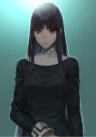  1girl asagami_fujino bangs dress kara_no_kyoukai long_hair long_sleeves looking_at_viewer nakuta purple_hair red_eyes 