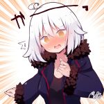  /\/\/\ 1girl @_@ ahoge bangs beni_shake black_dress blue_jacket blush breasts commentary_request dress emphasis_lines eyebrows_visible_through_hair fate/grand_order fate_(series) fur-trimmed_jacket fur-trimmed_sleeves fur_trim hair_between_eyes jacket jeanne_d&#039;arc_(alter)_(fate) jeanne_d&#039;arc_(fate)_(all) medium_breasts nose_blush open_clothes open_jacket orange_eyes signature solo sweat translated upper_body white_hair wicked_dragon_witch_ver._shinjuku_1999 