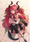  1girl absurdres bangs bare_shoulders black_dress black_ribbon blue_eyes blurry blurry_background boots brown_background commentary_request depth_of_field detached_sleeves dragon_girl dragon_horns dragon_tail dress elizabeth_bathory_(fate) elizabeth_bathory_(fate)_(all) eyebrows_behind_hair fate/extra fate/extra_ccc fate_(series) flower goback hair_between_eyes hair_ribbon highres holding horns huge_filesize knee_boots long_hair long_sleeves microphone microphone_stand pleated_dress pointy_ears red_flower red_rose redhead ribbon rose sidelocks solo standing standing_on_one_leg tail very_long_hair white_footwear white_sleeves 