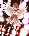  1girl bird boots brown_eyes brown_footwear brown_hair brown_skirt chick danmaku feathered_wings full_body hand_on_hip highres knee_boots multicolored_hair niwatari_kutaka open_mouth outstretched_arm shirt skirt smile solo tail touhou two-tone_hair white_hair white_shirt wings yudepii 