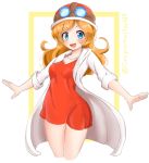  1girl blue_eyes blush dress eyeliner ginger goggles goggles_on_head goggles_on_headwear helmet highres intelligent_systems labcoat maccha_pudding_(dragonmaster464) makeup medium_hair mona_(warioware) motorcycle_helmet nintendo outstretched_arms red_dress redhead short_dress smile smile_face thighs warioware white_background white_coat 