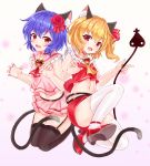  2girls adapted_costume animal_ear_fluff animal_ears ascot bangs bare_arms bare_shoulders black_legwear blonde_hair blue_hair breasts brooch bushi_(1622035441) cat_ears cat_tail choker claw_pose commentary_request crop_top eyebrows_visible_through_hair fang flandre_scarlet flower frilled_shirt_collar frills garter_straps gradient gradient_background hair_flower hair_ornament hair_ribbon high_heels highres jewelry kemonomimi_mode laevatein looking_at_viewer midriff miniskirt multiple_girls navel no_hat no_headwear one_side_up pencil_skirt pink_background pink_sailor_collar pink_shirt pink_skirt pleated_skirt red_choker red_eyes red_flower red_footwear red_neckwear red_ribbon red_rose red_skirt red_vest remilia_scarlet ribbon rose sailor_collar seiza shirt short_hair siblings sisters sitting skirt skirt_set sleeveless sleeveless_shirt small_breasts tail thigh-highs thighs touhou vest white_background white_legwear yellow_neckwear zettai_ryouiki 