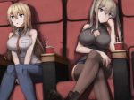  2girls alternate_costume bare_shoulders bismarck_(kantai_collection) blonde_hair blue_eyes blue_pants boots breasts brown_footwear brown_legwear brown_shirt chair cleavage_cutout cup disposable_cup drinking_straw ghound graf_zeppelin_(kantai_collection) grey_eyes hair_between_eyes highres kantai_collection large_breasts long_hair multiple_girls pants shirt sidelocks sitting sleeveless sleeveless_shirt thigh-highs twintails white_shirt 