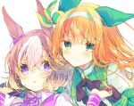  2girls animal_ears bangs black_gloves blush bow brown_hair closed_mouth collared_shirt eyebrows_visible_through_hair gloves green_eyes hair_between_eyes hair_bow hair_ornament hairband hairclip holding_hands horse_ears jacket long_hair long_sleeves multicolored_hair multiple_girls neck_ribbon necon1 orange_hair parted_lips puffy_short_sleeves puffy_sleeves purple_ribbon ribbon shirt short_over_long_sleeves short_sleeves silence_suzuka simple_background smile special_week streaked_hair umamusume upper_body violet_eyes white_background white_hair white_jacket white_shirt wristband 