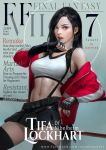  1girl bare_shoulders black_hair black_skirt breasts brown_eyes cover earrings elbow_gloves final_fantasy final_fantasy_vii final_fantasy_vii_remake fingerless_gloves gloves highres jacket jewelry large_breasts long_hair looking_at_viewer magazine_cover midriff miniskirt navel off_shoulder parted_lips pencil_skirt pleated_skirt raypier shirt skirt suspender_skirt suspenders tank_top taut_clothes taut_shirt thigh-highs thighs tifa_lockhart toned 