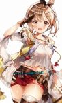  1girl :d atelier_(series) atelier_ryza belt blush breasts brown_eyes brown_hair hair_ornament hairclip hat highres jewelry looking_at_viewer necklace open_mouth red_shorts reisalin_stout salute short_shorts shorts smile solo thigh-highs thighs weri 