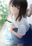  1girl black_hair blurry bracelet collarbone depth_of_field eyelashes flower hands highres hinoshita_akame holding holding_umbrella jewelry lips looking_back looking_up original pov skirt squatting umbrella watering_can yellow_eyes 