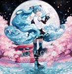  1girl :d black_legwear black_skirt black_sleeves blue_eyes blue_hair character_name cherry_blossoms cherry_tree cloud_hair copyright_name detached_sleeves floating_hair from_behind full_body full_moon hair_between_eyes hatsune_miku highres long_hair long_sleeves looking_at_viewer looking_back makoto_(roketto-massyumaro) miniskirt moon open_mouth outdoors pleated_skirt shirt skirt sleeveless sleeveless_shirt smile solo thigh-highs torii very_long_hair vocaloid white_shirt zettai_ryouiki 