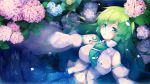  1girl bangs bare_shoulders blue_eyes blue_flower blue_skirt blush breasts colored_eyelashes commentary_request detached_sleeves eyebrows_visible_through_hair flower frog_hair_ornament gengetsu_chihiro green_hair hair_between_eyes hair_ornament hair_tubes highres hydrangea kochiya_sanae large_breasts leaf long_hair long_sleeves looking_at_viewer navel parted_lips petals pink_flower shirt sidelocks skirt snake_hair_ornament solo touhou white_shirt wide_sleeves 