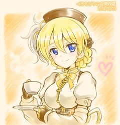  1girl artist_name bangs black_gloves black_headwear blonde_hair blue_eyes bow bowtie braid burafu closed_mouth commentary cosplay cup darjeeling dated detached_sleeves eyebrows_visible_through_hair fingerless_gloves girls_und_panzer gloves hair_ornament hat heart high_collar holding holding_cup holding_saucer looking_at_viewer mahou_shoujo_madoka_magica orange_background puffy_short_sleeves puffy_sleeves shirt short_hair short_sleeves smile solo teacup tied_hair tomoe_mami tomoe_mami_(cosplay) twin_braids upper_body white_shirt yellow_neckwear 