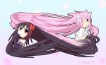  akemi_homura akuma_homura bare_shoulders black_dress black_gloves black_hair blush bow choker dress elbow_gloves gloves goddess_madoka gradient gradient_background hair_bow hairband highres kaname_madoka long_hair mahou_shoujo_madoka_magica mahou_shoujo_madoka_magica_movie pink_hair red_eyes regular_bb short_twintails tagme twintails twitter_username white_dress white_gloves yellow_eyes 